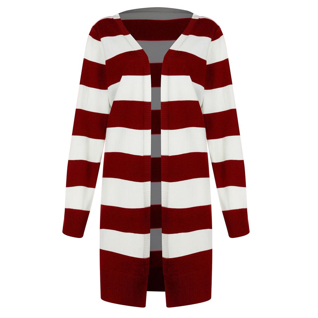 Damen Lässiger Offener Lang geschnittener Gestreifter Cardigan Pullover Leichte Strick Oberbekleidung für den Alltag