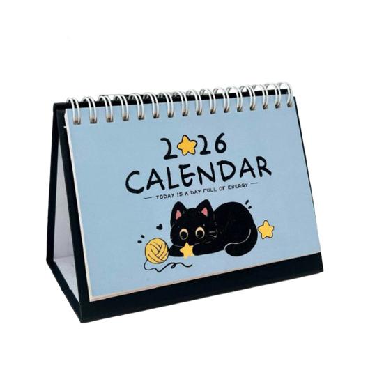 Cat Desk Calendar 2026 Cute Desktop Standing Flip Calendar with Cartoon Black Cat for Home Office Study Workstation