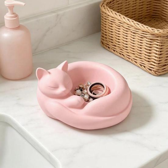 3D Printed Curled Sleeping Cat Planter Multi-Functional Figurine with Bowl-Holding & Ring Tail