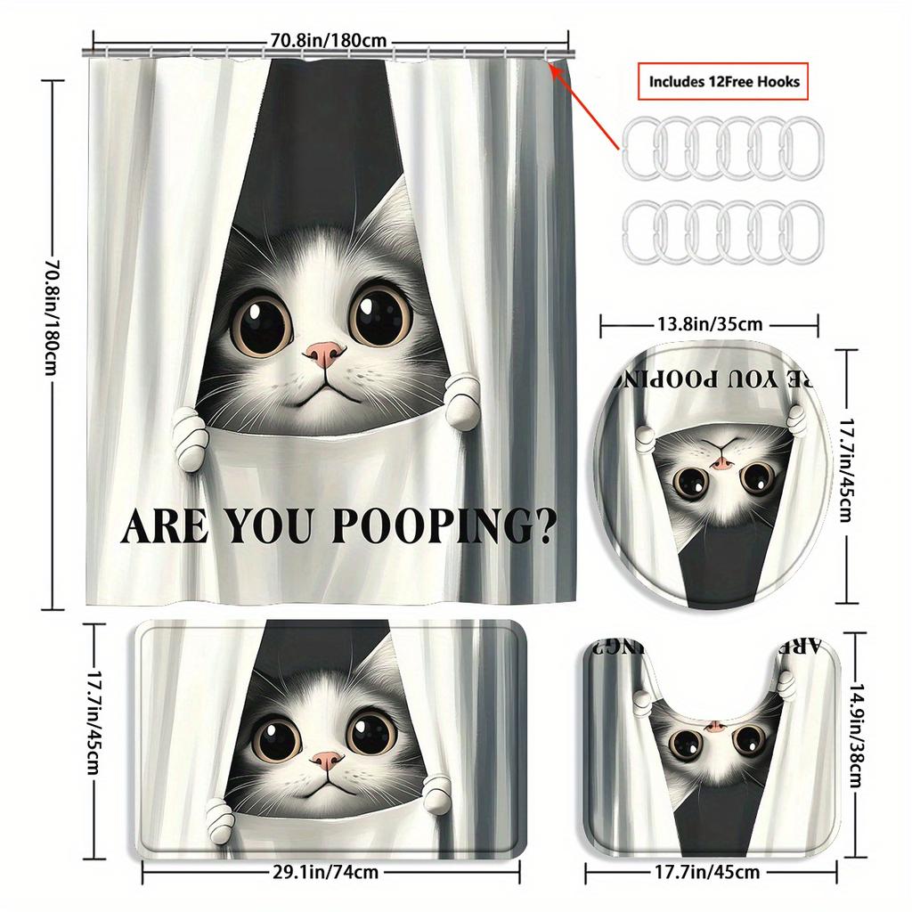4 buc lux amuzant pisică impermeabil perdea de duș set decorativ baie set covor antiderapant capac toaletă covor baie și 12 cârlige
