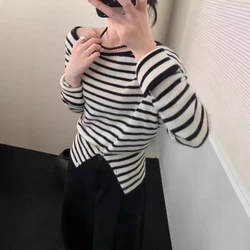 Blended Striped One-neck Knitted Sweater Women's Autumn New Fashionable Pullover Sweater Slim-fit High-end Top