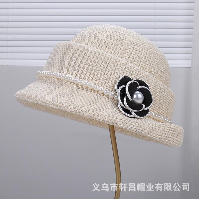 Autumn and Winter New French Elegant Pearl Flower Knitted Top Hat, Thousand Gold Style Temperament Versatile Roll Brim Show Washbasin Hat