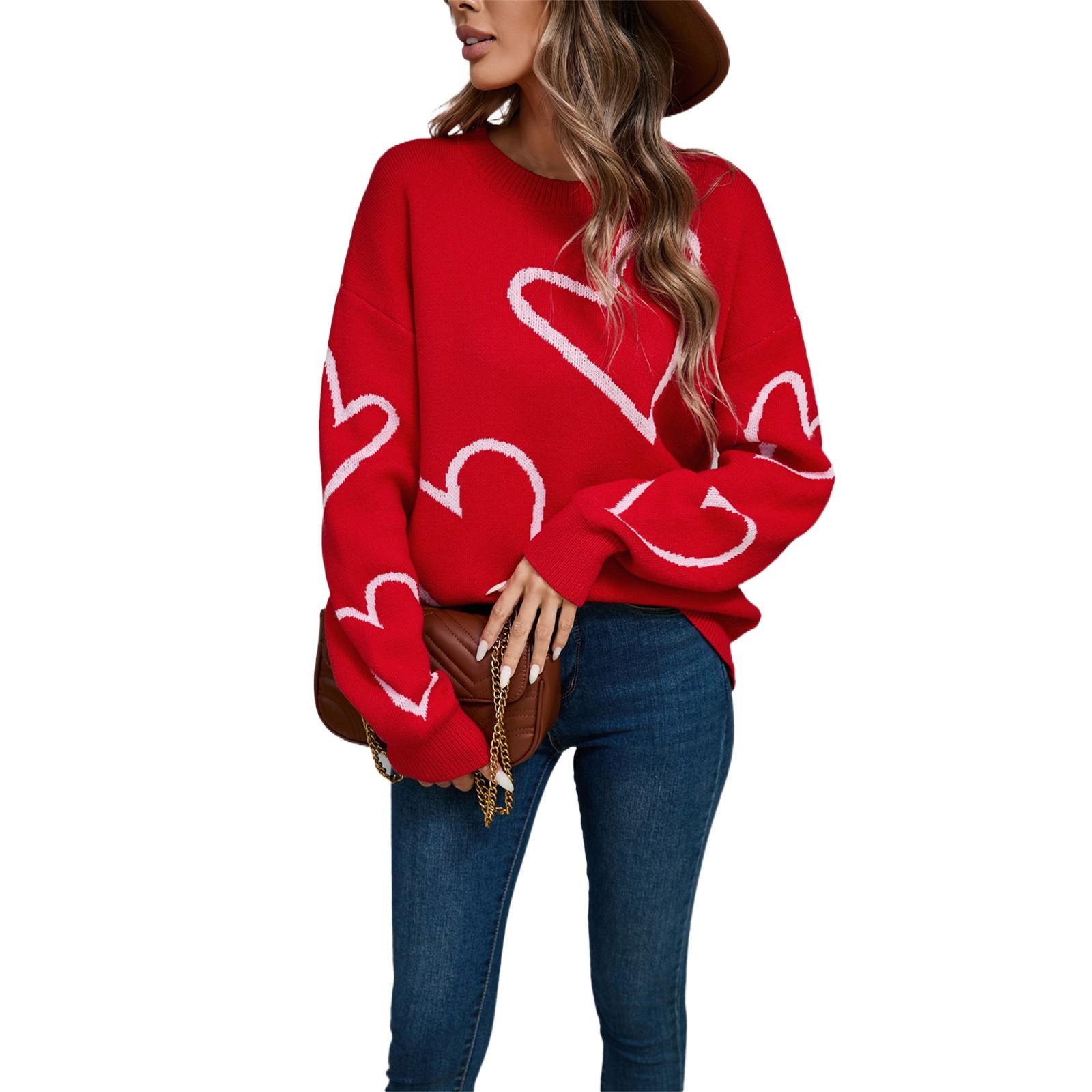 Women s Casual Fashion Round Neck Heart Sweater Knitted Bottoming Shirt XL