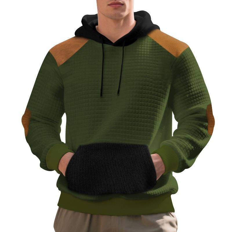 Mens Casual Loose Plaid Color Block Hooded Pullover Sweatshirt With Large Pockets