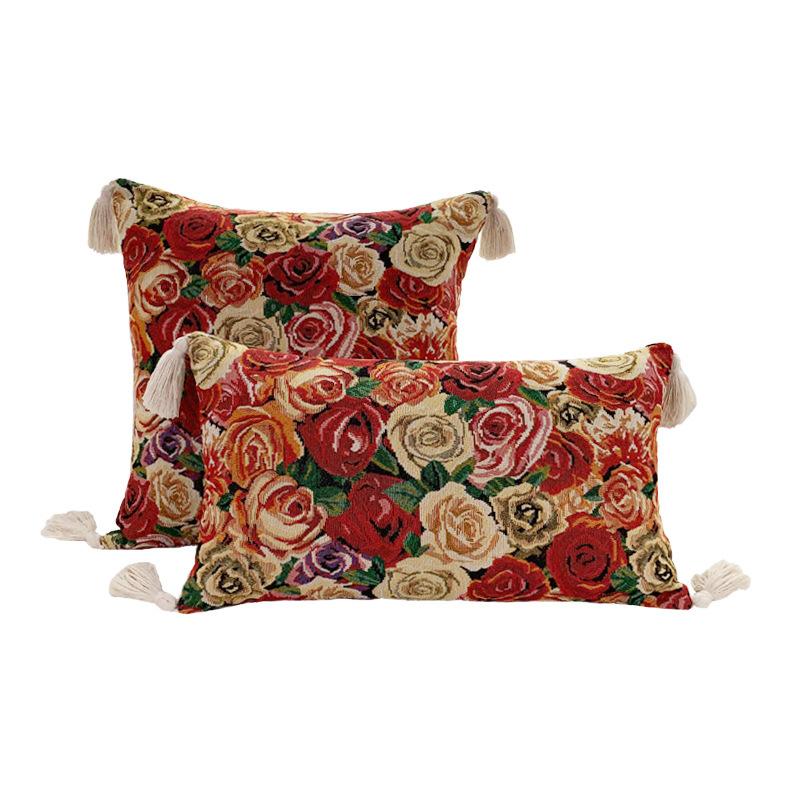 Retro European Style Cotton Linen Flower Cushion Pillowcase Living Room Sofa Backrest High Precision Jacquard Cushion Cover