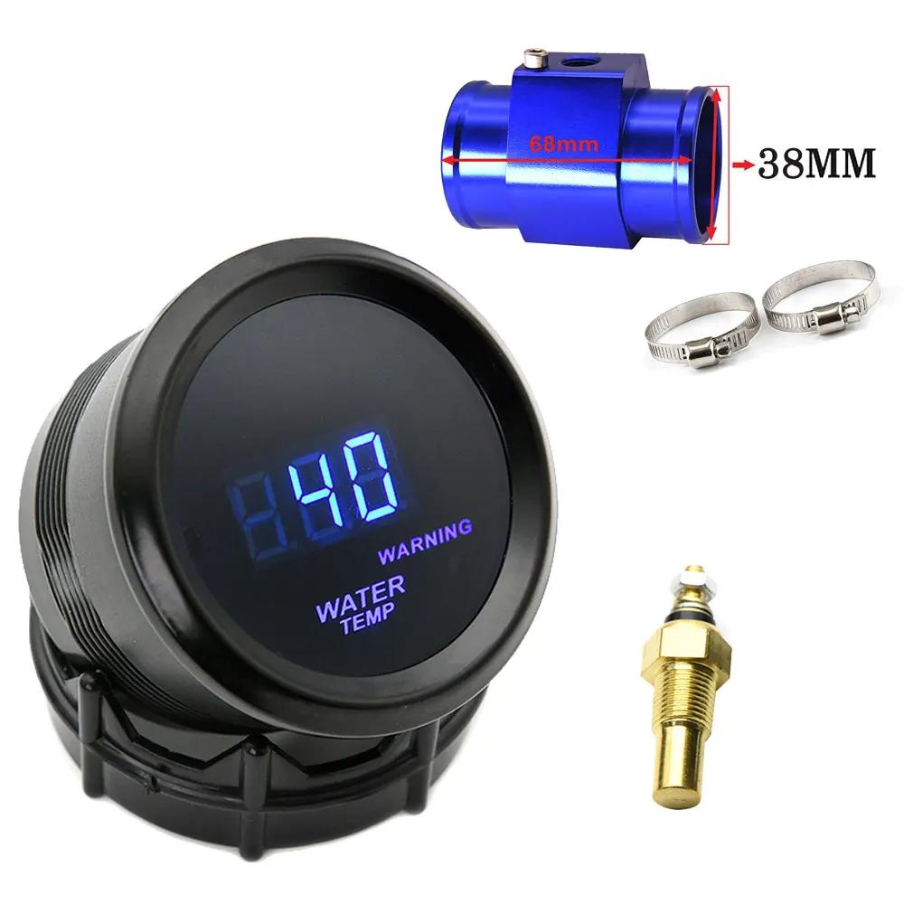 52mm Wassertemperaturanzeige Blaue LED-Beleuchtung mit 16mm-40mm Anschlussrohr-Adapter Schwarz/Blau mit Wassertemperatur 1/8NPT Sensor