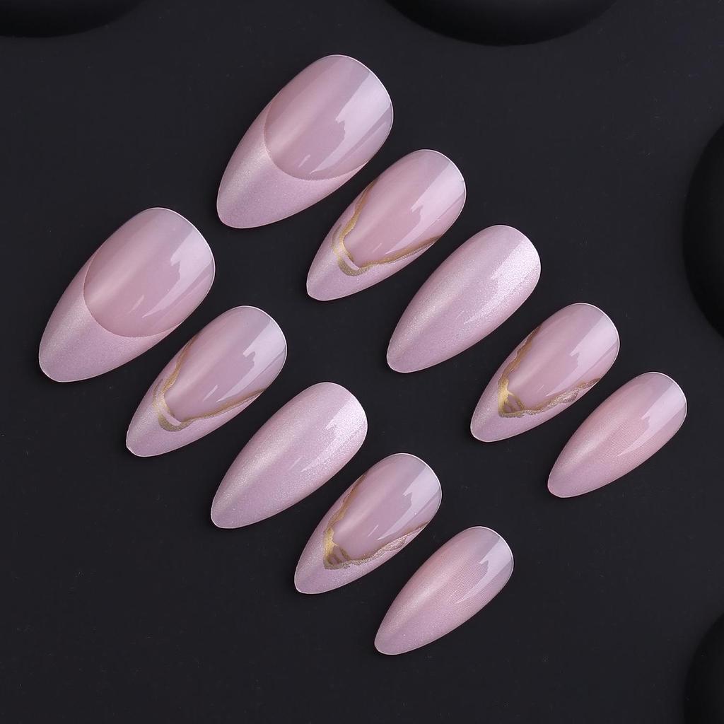 Elegant Nude Pink Gold Foil Almond-Shaped Wearable Nails with French Gold Line Design