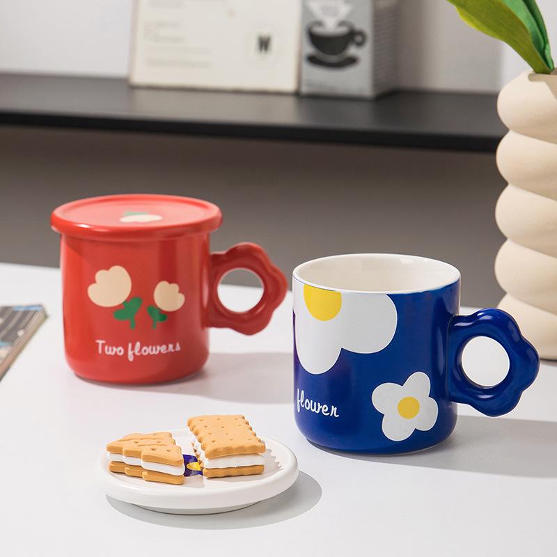 Summer Flower Ceramic Cup Cute Mug with Lid Couple Water Cup Women's Cup Design Sense Ins Style Coffee Cup