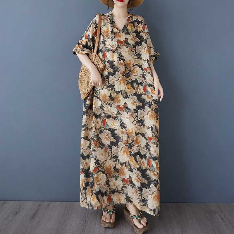 Women's Vintage Long Dress with Cotton and Linen Patterns