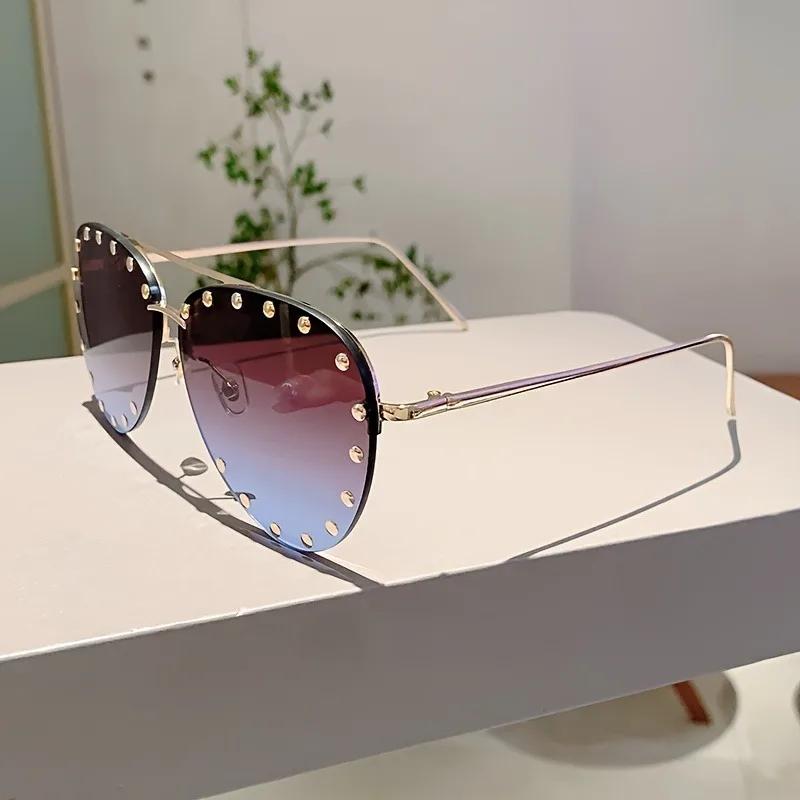 Ladies Rimless Pilot Sunglasses Luxury Brand Designer Metal Frame Gradient Large Colored Sun Glasses Shadow For Women UV400