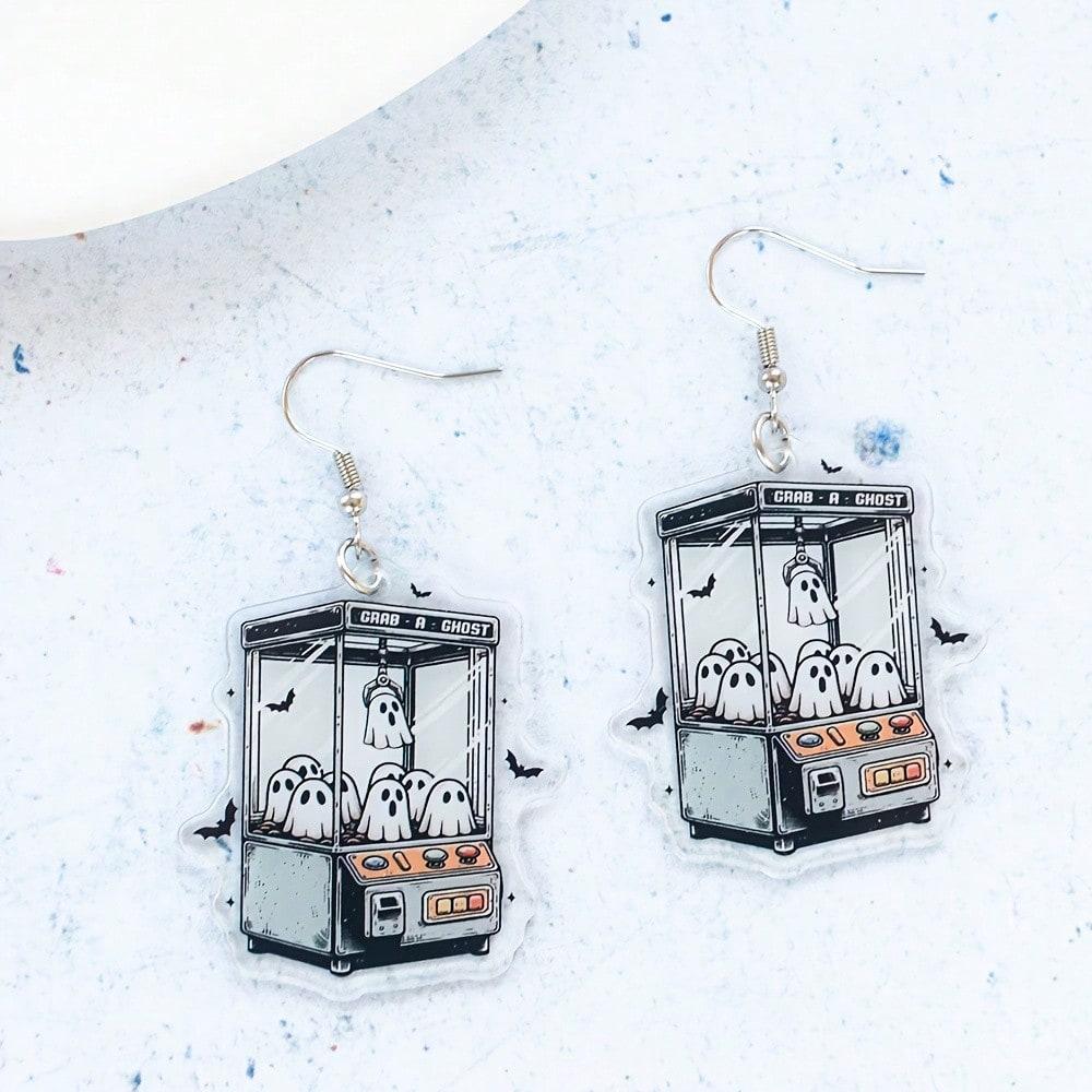 2D Charming Colorful Bow Tie Ghost Earrings, Acrylic Double-Sided Print Design, No Glitter, Cartoon Lightweight Earrings, Perfect Halloween Gift