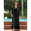 Women's Boho Style Cover Up, Plus Size Solid Color V Neck Batwing Sleeves Woven Design Loose Fit Beach Kaftan Dress