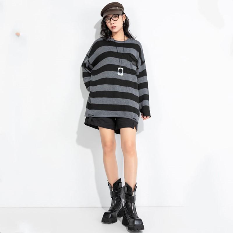 Gestrickt lässig übergroß vintage Streifen locker Frühling Herbst Pullover Damenpullover