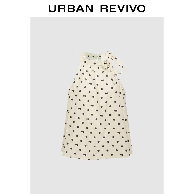UR Women s Polka Dot Print Denim Sleeveless Tie-Waist Shirt L