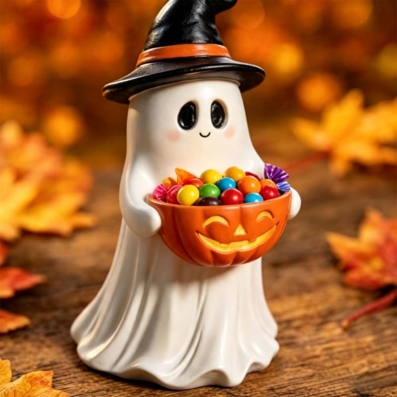 Halloween Tabletop Ghostly Decors With Pumpkin Candy Bowl, Resin Figurine for Entryway Mantels Shelf and Party Table Styling