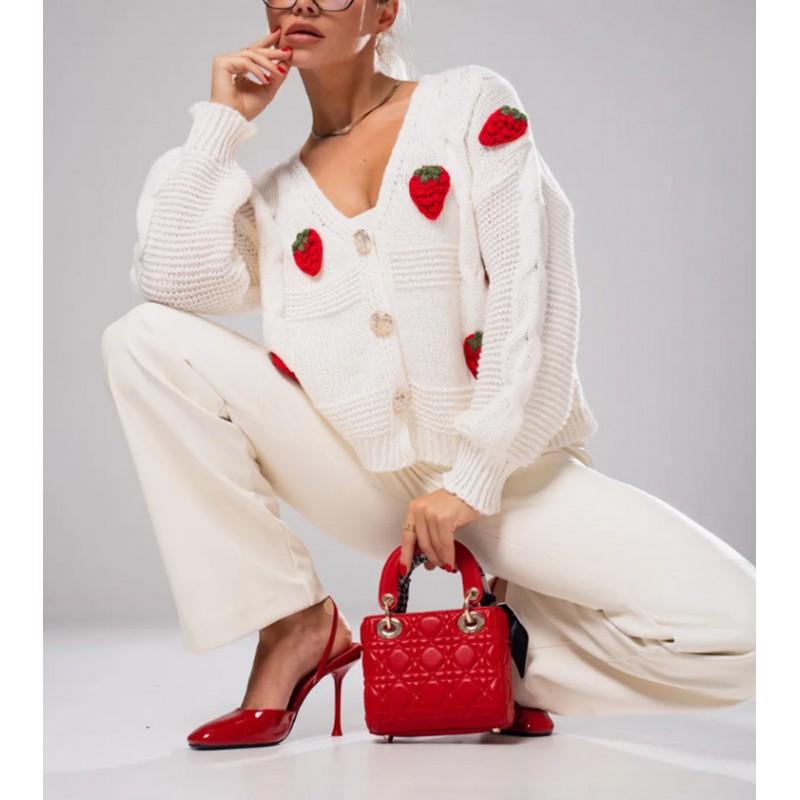 Womens Oversized V-Neck Knit Cardigan With 3D Strawberry Print Loose Fit Casual Sweater Jacket Acrylic Blend 2025