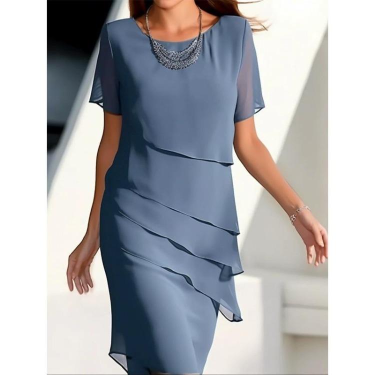 Women's Fashionable Spring Summer Casual Dress Comfortable Round Neck Short Sleeved Solid Color Ruffle Edge Flash New