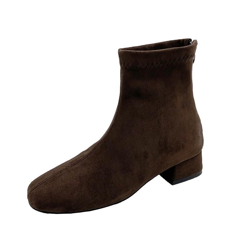 Brown Short Boots Women's High Heels Autumn and Winter New Suede Rear Zipper French Small Ankle Boots Thick Heel Elastic Square Head Thin Boots