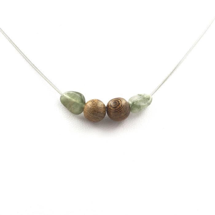 Collier - A Bijoux - Quartz rutile vert - Perles bois 8 mm - Acier inoxydable - Mixte