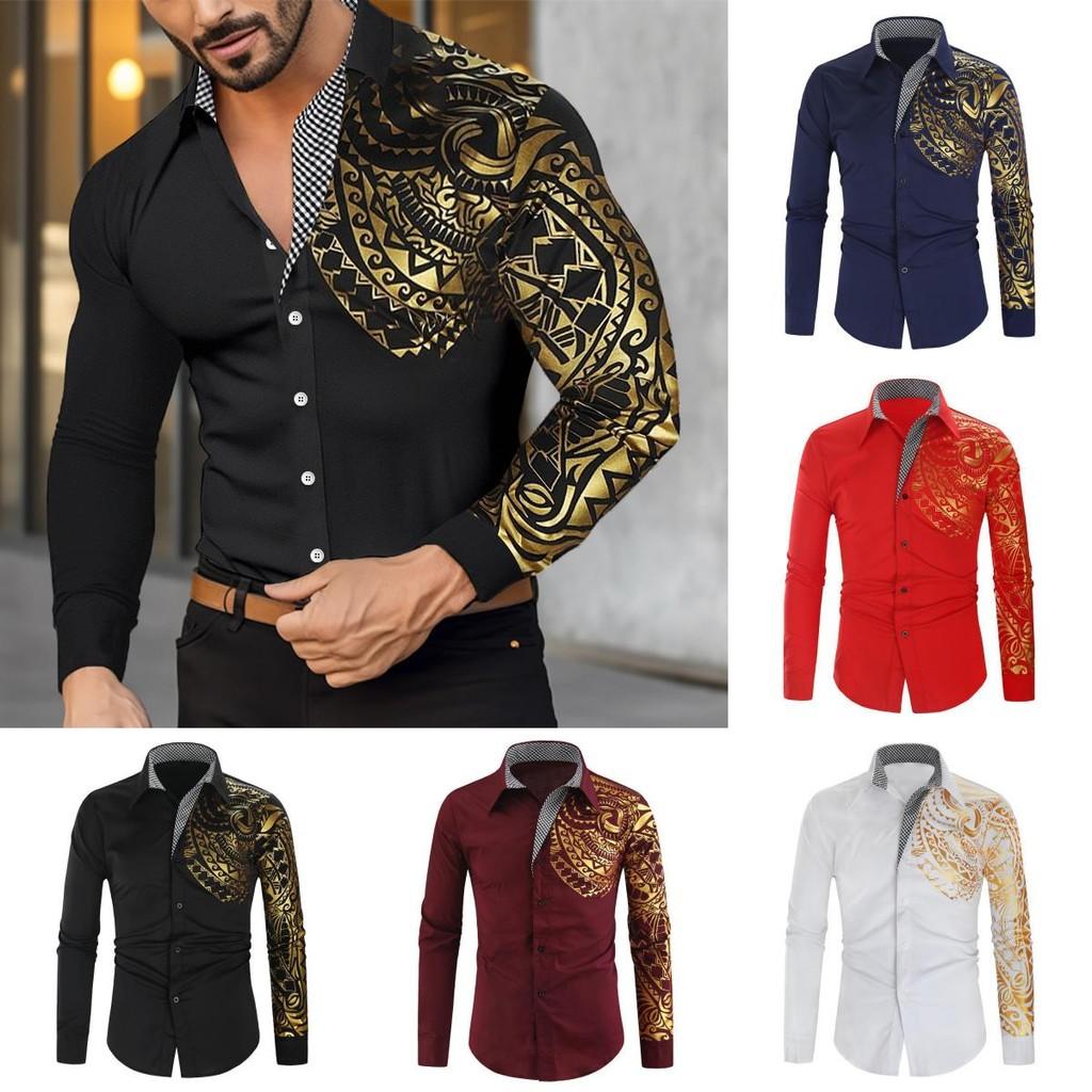 Men Long Sleeve Shirt With Metallic Print For Casual Wear And Spring Fashion