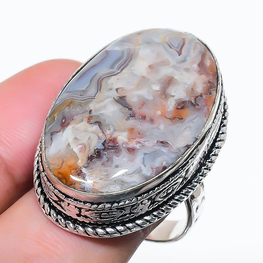 Natural Laguna Lace Agate Gemstone 925 Sterling Silver Jewelry Ring Size 8 AR-17173