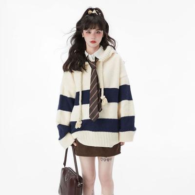 French Pullover Hooded Sweater Women Casual Color Contrast Hot Stripe Knitwear Autumn and Winter Pullover Long Sleeve Sweater