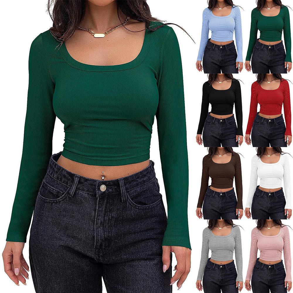 2024 European & American Ribbed Knit Slim Fit Square Neck Long Sleeve Women's T-Shirt