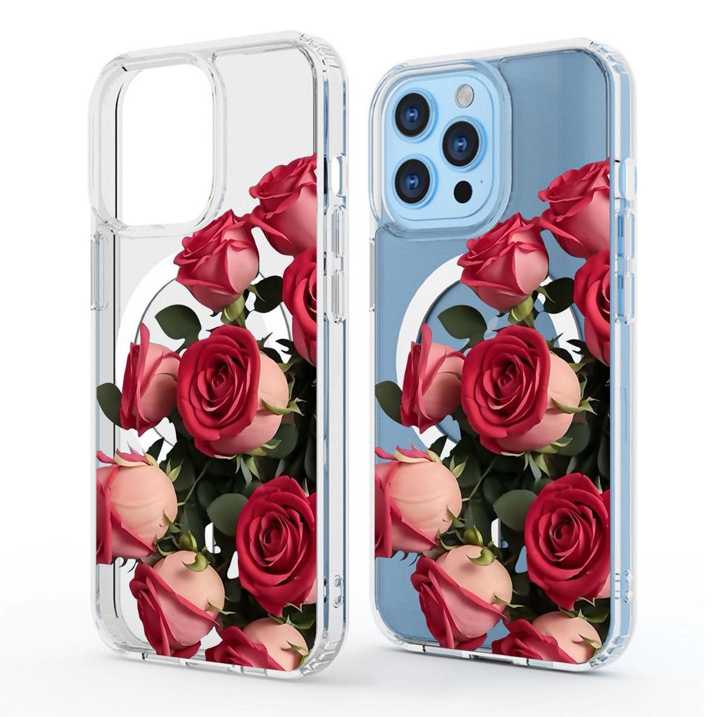 Red Rose Magnetic Transparent Case for iPhone 15/16/17 Pro Max - Full Coverage Pro