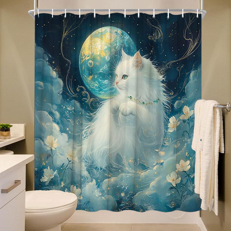 Mystical White Cat in the Stars Shower Curtain - Water-Resistant, Easy to Clean, Adds a Magical and Celestial Touch to W90XH180cm