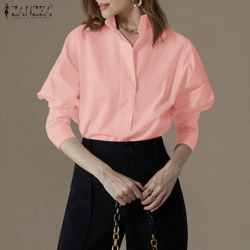 ZANZEA Women Classic Collar Loose Casual 3/4 Sleeve Plain Blouse