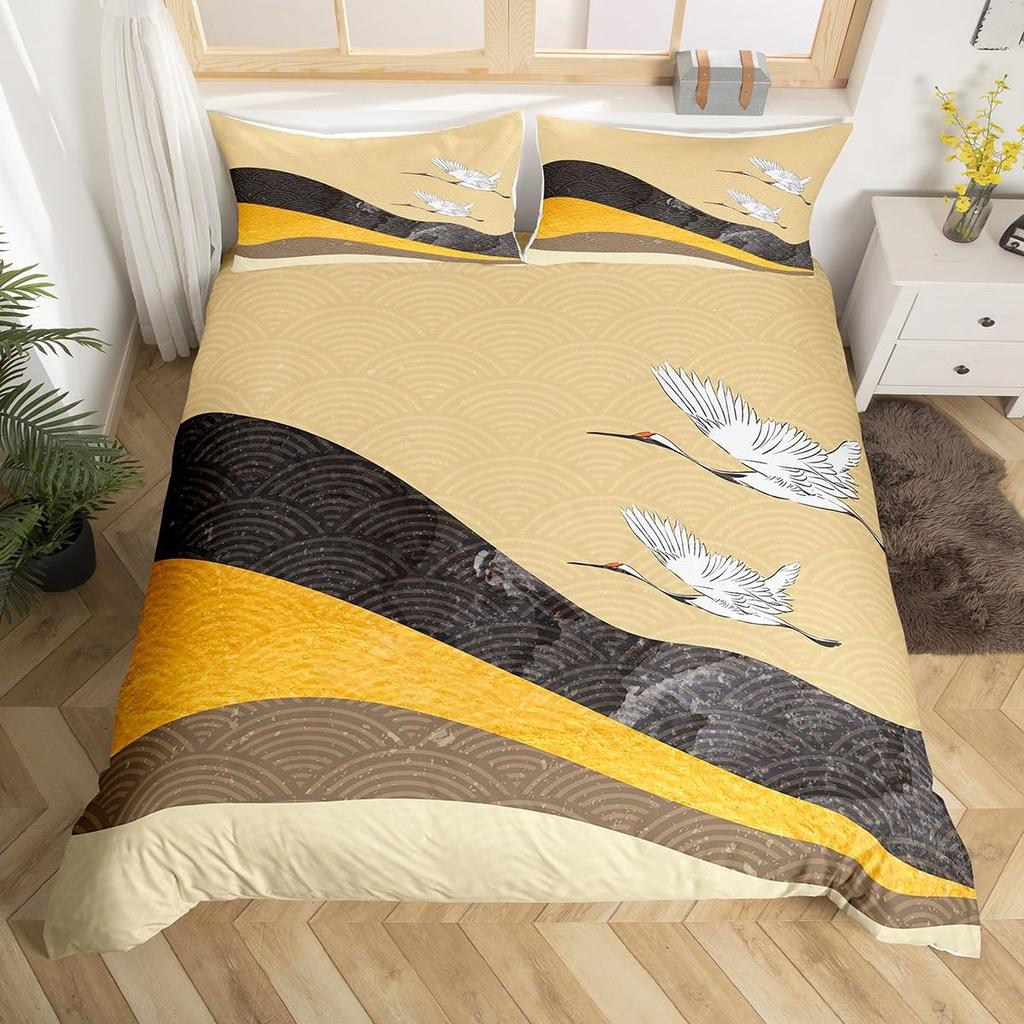 White Crane Down Duvet Cover Queen King Size Wild Bird Animal Bedding Set Ink Painting Quilt Cover Trees Branches Plants 3 Pcs