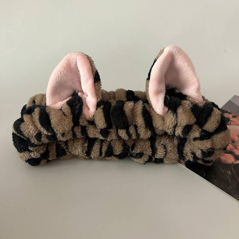 3 Stück/Set Niedliche Katze Ohr Leopardenmuster Plüsch Stirnband Für Frauen Mädchen Spa Gesicht Waschen Und Make-up Stirnband Elastisches Handgelenkband
