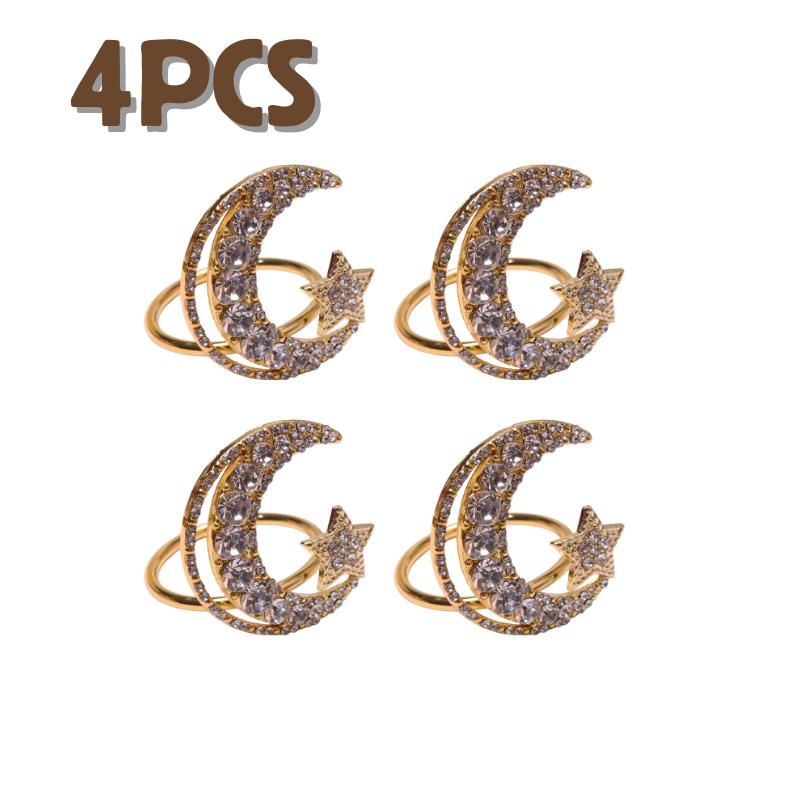 1-30PCS Ramadan Napkin Ring Set Gold Star Moon Design Alloy Crystal Metal Hollow For Holiday Tableware Durable Holder