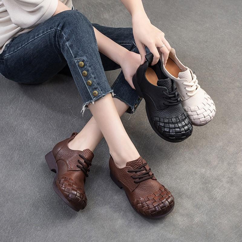 Johnature Genuine Leather Comfortable Pumps Retro Solid Color Commuting Versatile Casual Women's Shoes