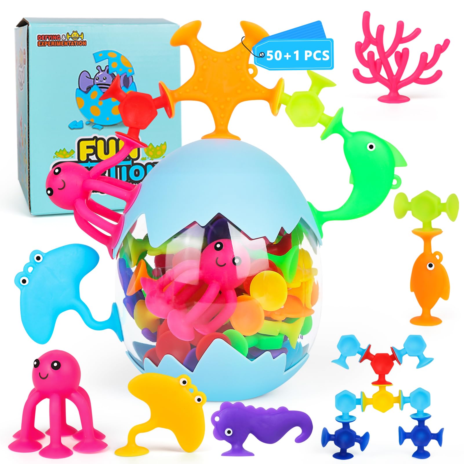 

50 Wall-Mounted Educational Building Blocks, a Fun Toy for Bathtime and Education, with Suction Cups, Silicone Building Blocks, Animal Motifs, DIY