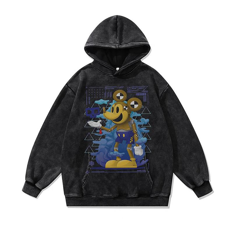 Dark Two-Dimensional Cartoon Digital Direct Injection Printing Hooded Sweater For Men And Women Washed And Old Hoodie