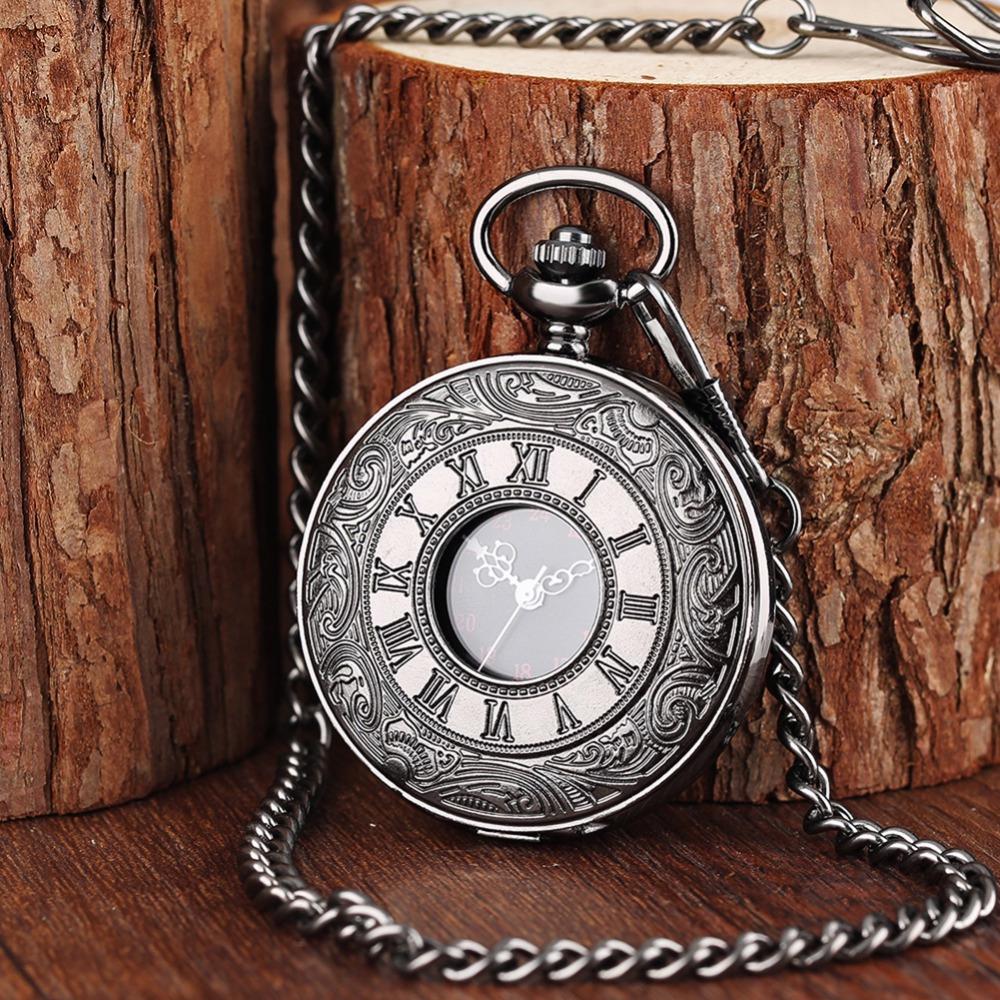 Vintage Roman Numerals Pocket Watch with Chain Hollow Case Steampunk Quartz Fob Watch
