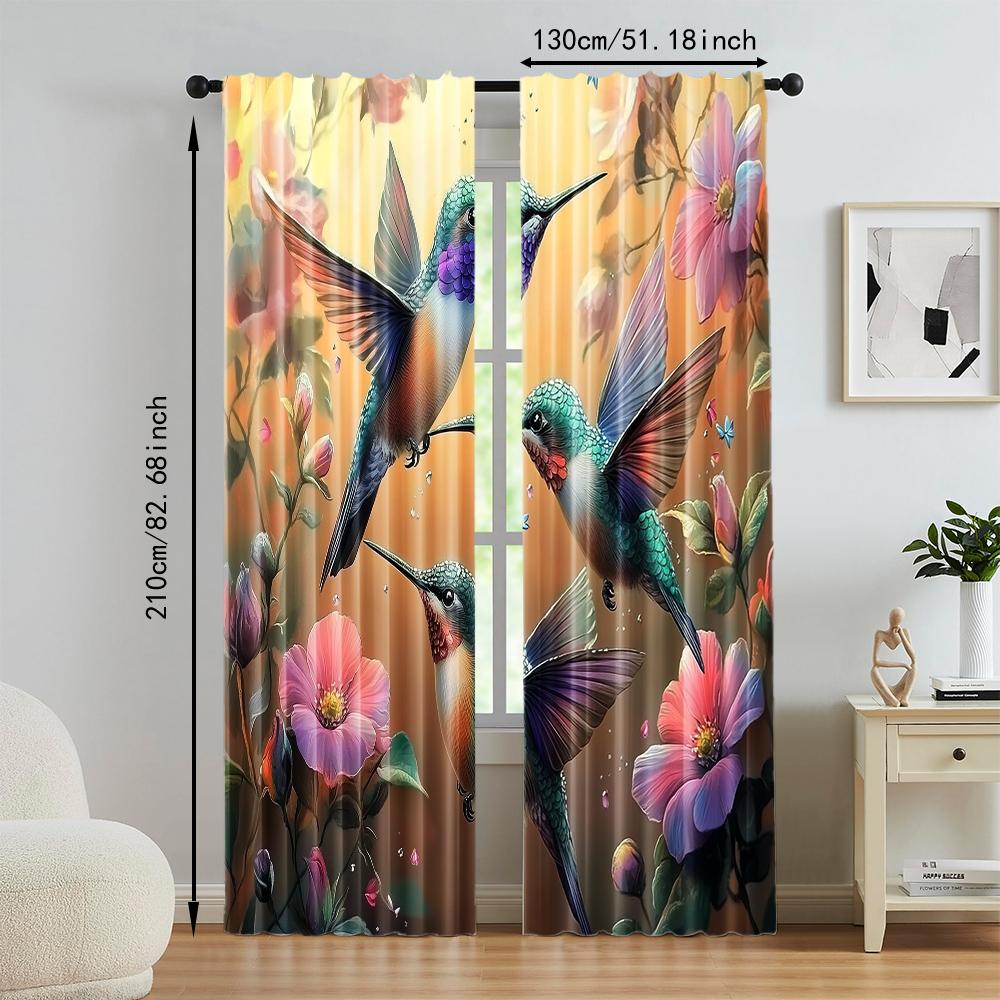 2 Pcs   Versatile Polyester Transparent Curtains for Home Decoration Hummingbird & Floral for Use In Bedrooms and Living Rooms