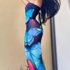 2 Pcs/Set Women Top Skirt Set Bodycon Skinny Colorful Mid-calf Length Animal Thin Backless Butterflies Print Sleeveless