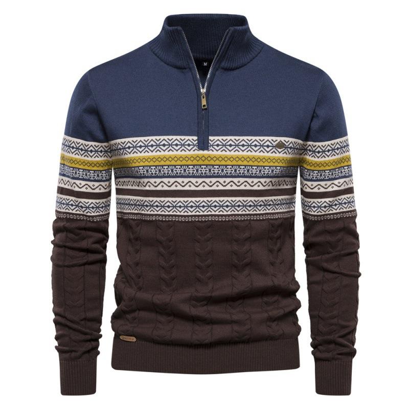 Autumn And Winter New European Style Stand Up Collar Men'S Sweater With Half Zipper Cotton Splicing Casual Knit Sweater