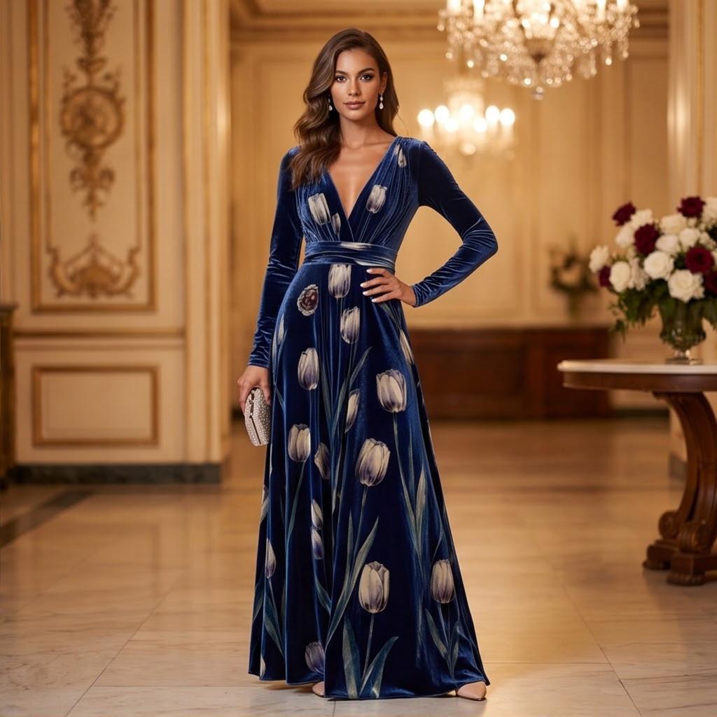 Abito da sera elegante da donna con scollo a V, stampa floreale, in velluto, a maniche lunghe, con vita sagomata