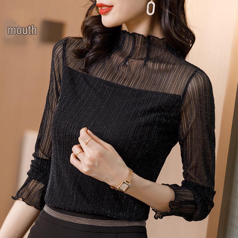 Women's High Neck Mesh Lace Base Layer: Fleece-Lined Long Sleeve Fashionable Innerwear for Autumn/Winter.