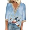 Women's Loose Casual Three-quarter Sleeve V-neck Lace Loose Christmas Print T-shirt Top