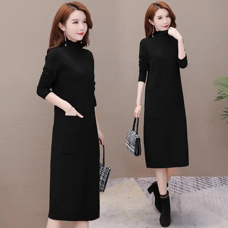 Knitted Dress for Women In Autumn and Winter Korean Style Loose Mid-length Pullover Solid Color Half Turtleneck Sweater Dress