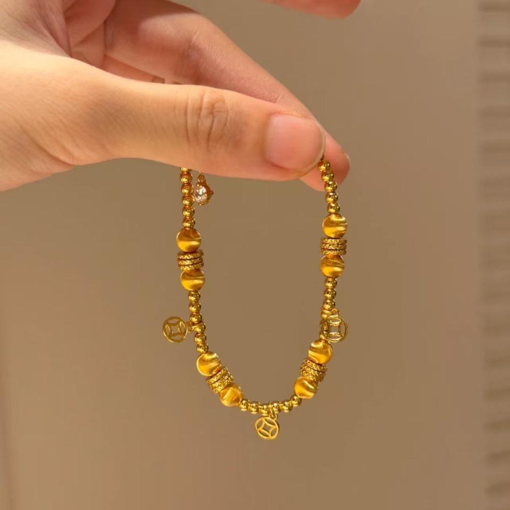 Gold Plated Coin Braided Bracelet with Brushed Cat Eye Beads Elegant Adjustable Money Jewelry for Women