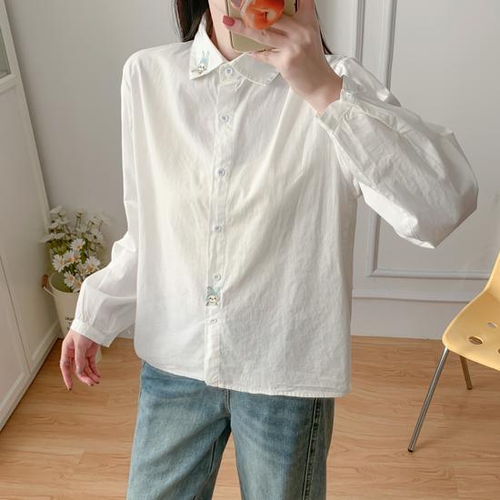 Women s Embroidered Cat Turn-Down Collar Long-Sleeve Shirt, White Pure Cotton, Slim Fit, Versatile Campus Style XL белый