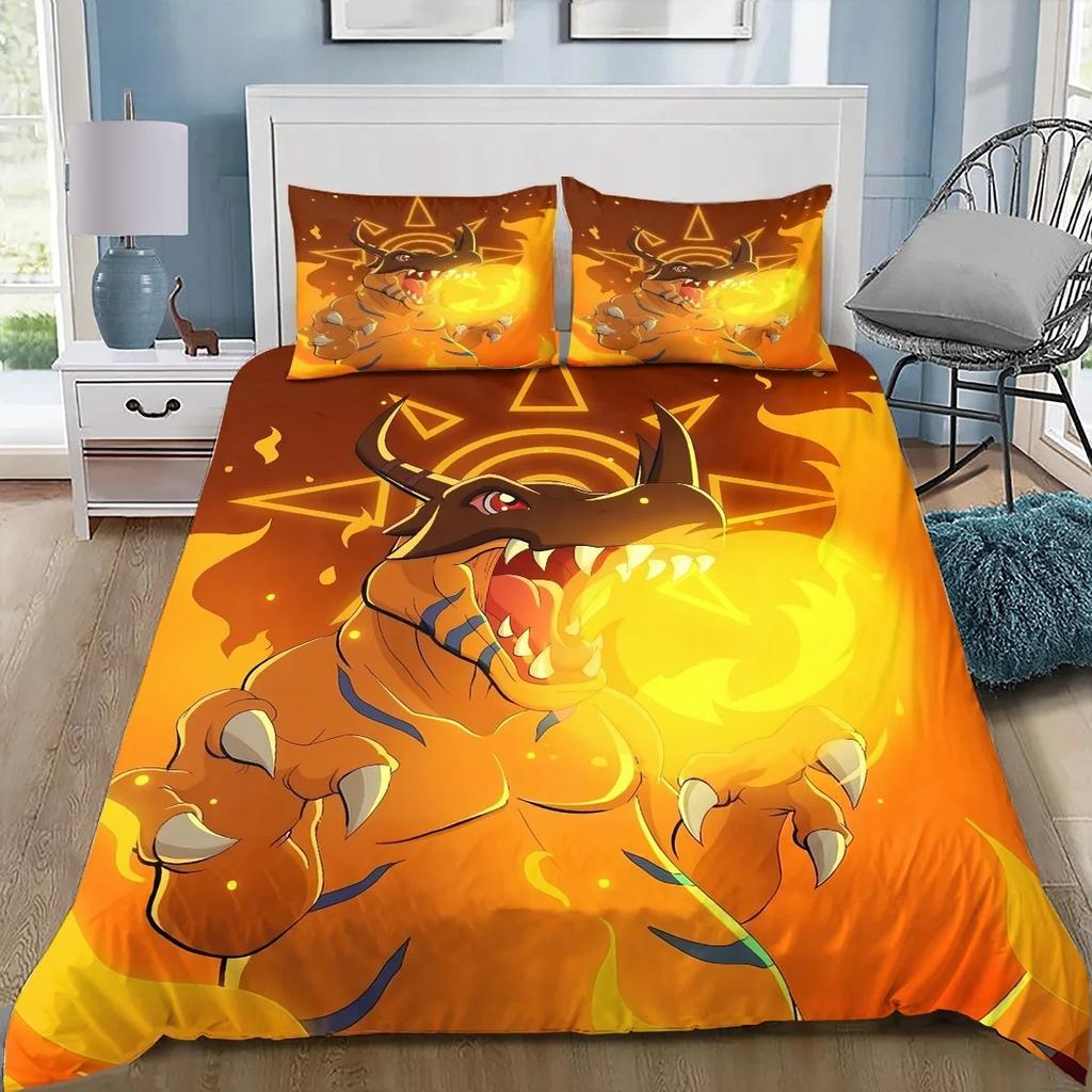 Digimon Cartoon 3D-Printed Bedding Set—Includes Duvet Cover and Pillowcases—Available for Single, Double, King, and Queen-Sized
