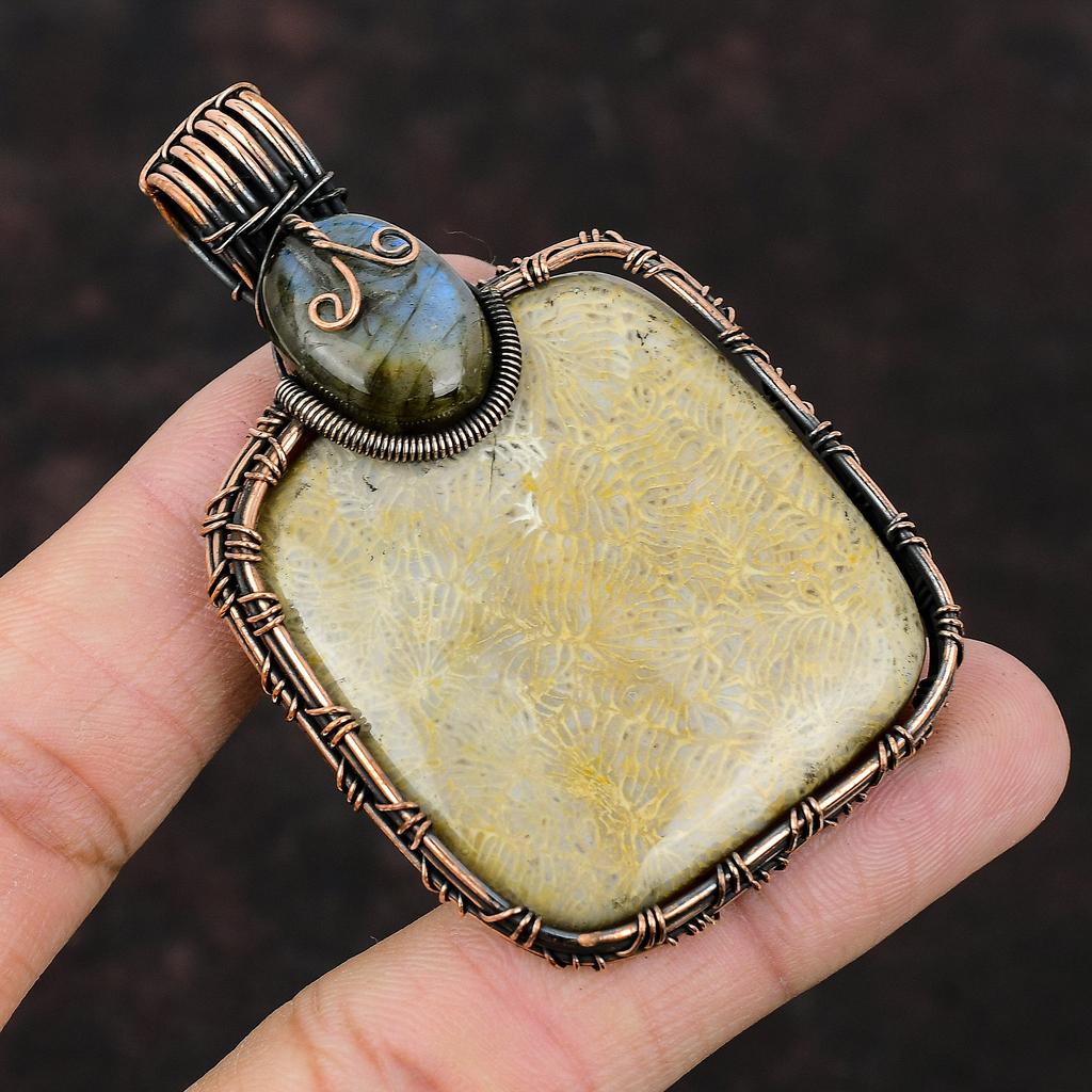 Fossil Coral Pendant Copper Wire Wrapped Pendant Gemstone Pendant Handmade Copper Jewelry Gift For Bridal Unique Jewelry Labradorite Pendant