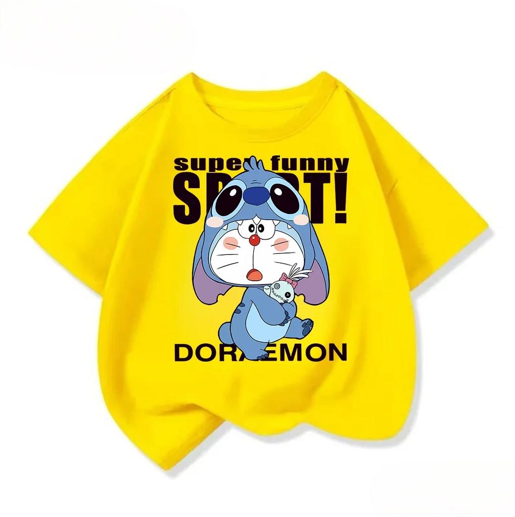 Cute Children Crew Neck T Shirt Summer Fashion Cartoon Print Trendy Street Casual Tops Doraemon Boys Girls Outfit 314Y