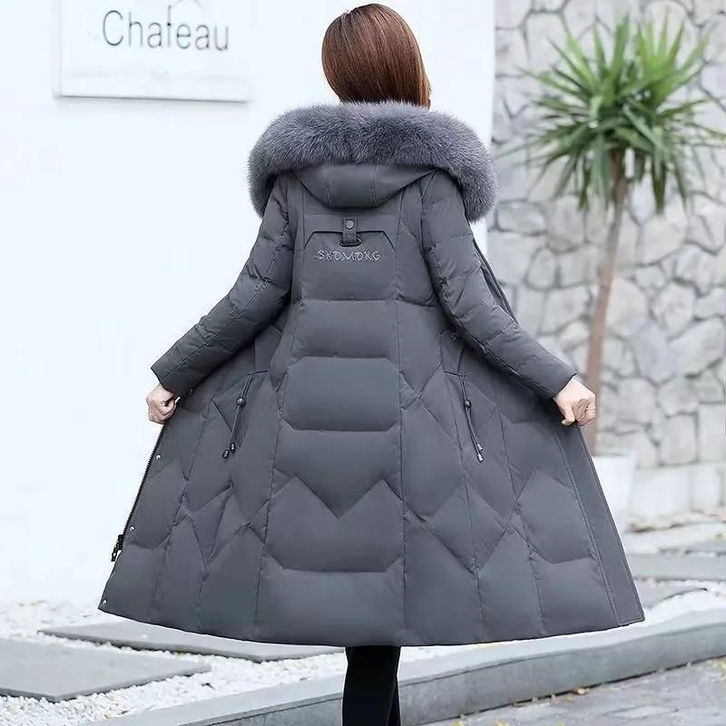 Women Winter Temperament Elegant Long Embroidered Warm Coat Solid Color Hooded Slim Jacket